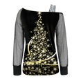 thumbnail image 3 of Fiaer Christmas Women Tshirts Cold Shoulder Mesh Spliced Xmas T Shirts Christmas Tree Glass Long Sleeve Shine Baggy Tops Yellow XL, 3 of 4