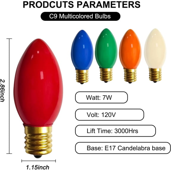 SHILIU-25 Pack Multicolor Christmas Light Bulbs,C9 Glass Incandescent Christmas Replacement Bulbs for String Light,C9/E17 Candelabra Base 7 Watt Great for Outdoor Indoor and Xmas Decorations