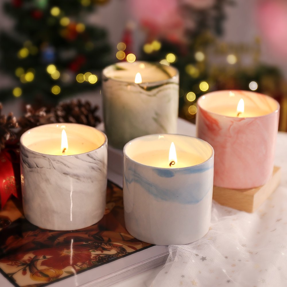 Christmas Gift,Scented Candle Set in Marbled Ceramic Cup, 7.4 Oz Natural Soy Wax Candles