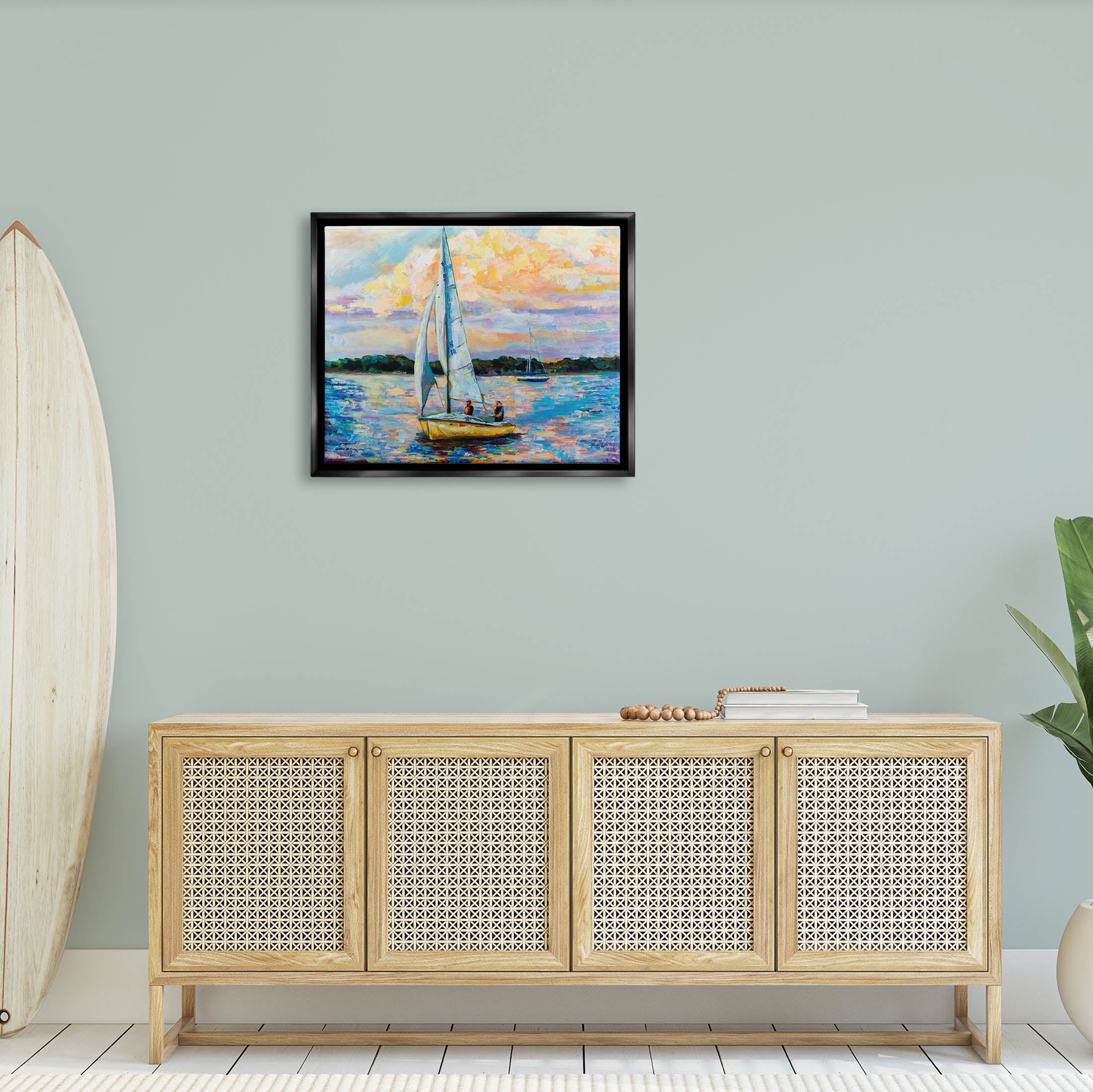 Stupell Industries Vivid Nautical Sailboat Landscape Painting Jet Black Floating Framed Canvas Print Wall Art, Design by Jeanette Vertentes