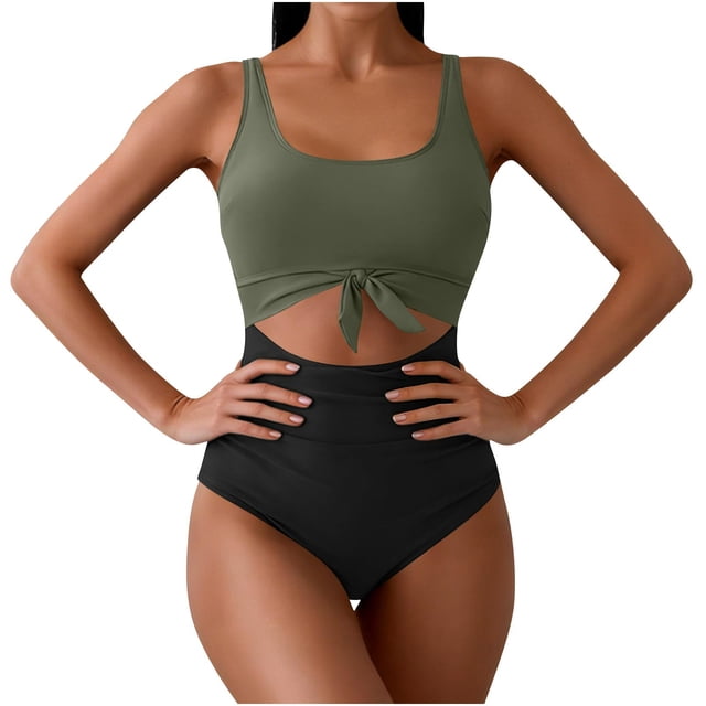 Ltctricy One Piece Swimsuit for Women Scoop Neck Tie Front Cut out Color Block Ruched Bathing Suits Slimming Swimwear
