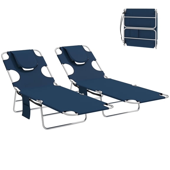 Chaise Lounge Chair Set of 2, 5-Position Adjustable Folding Sun Loungers with Face Hole and Pillow, Oxford Fabric and Steel, Dark Blue