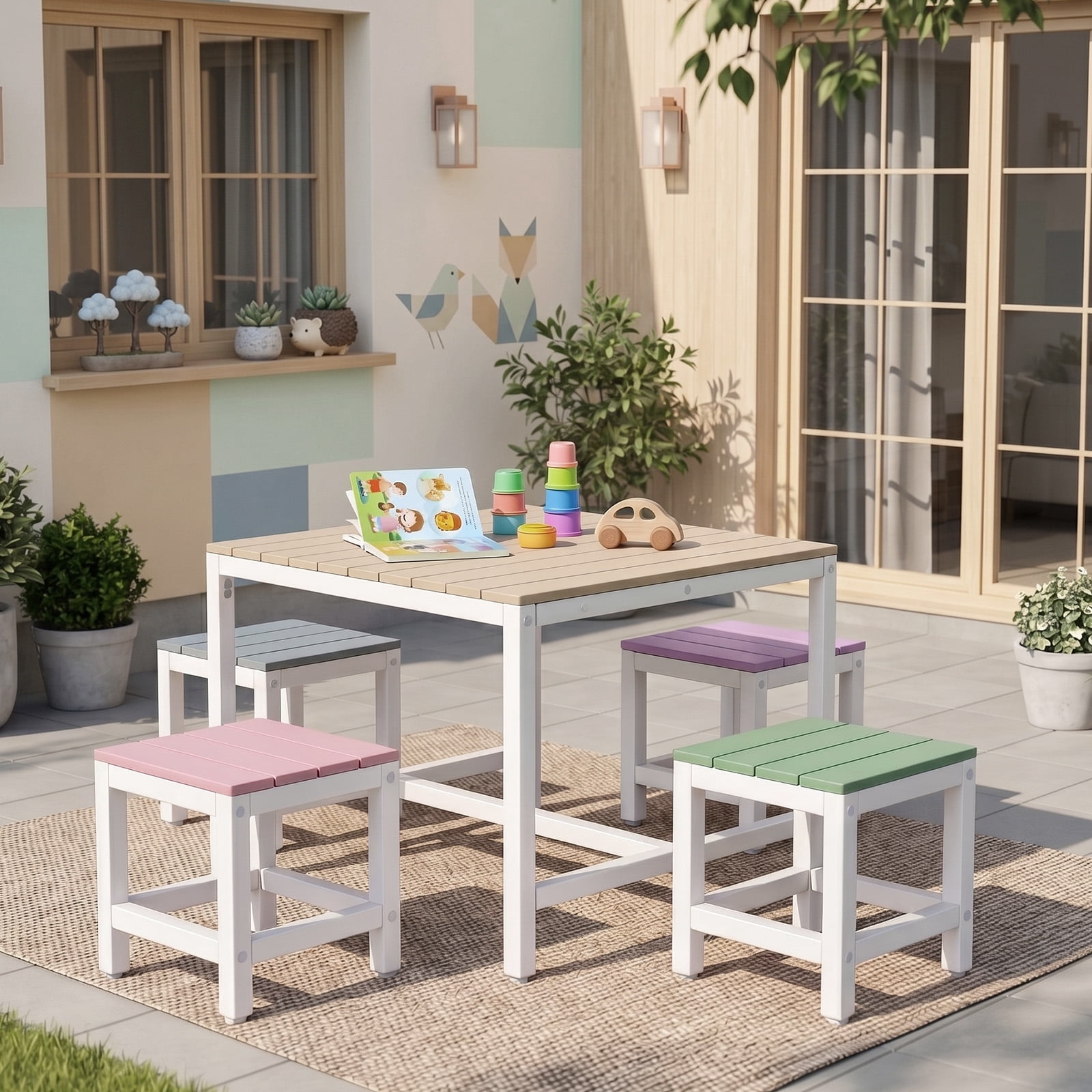 5-Piece Children'S Patio Table And Chair Set (1 Table + 4 Stools), 29.5in