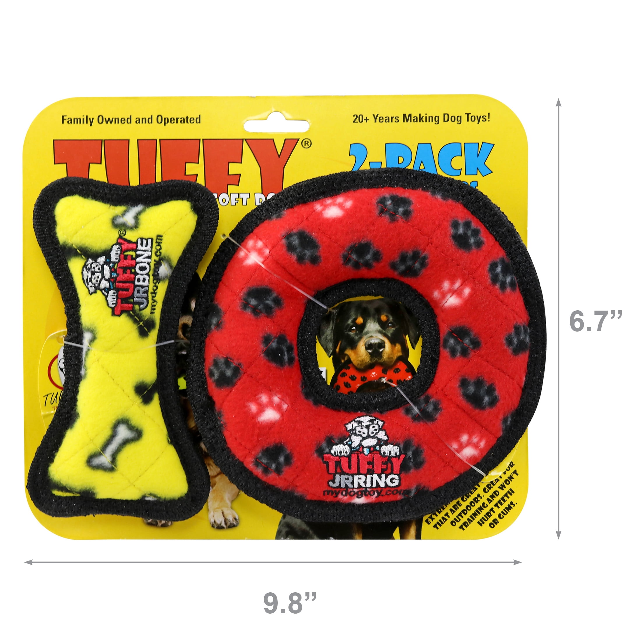 TUFFY Jr Bone Yellow and Ring Red Paw Durable Plush Squeaky Dog Toy, 2 Pack