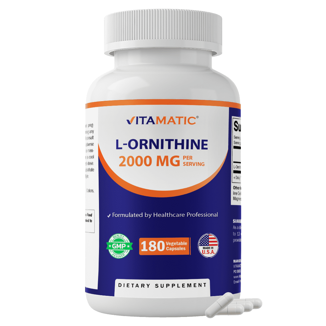 Vitamatic L-Ornithine 2000 mg Per Serving – 180 Vegetable Capsules – Amino Acid Supplement – Non-GMO, Gluten Free – Made in USA