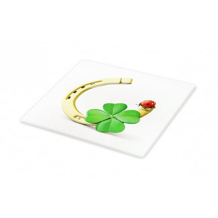 Clover Cutting Board, Luck Composition with Horseshoe Ladybug and Shamrock, Decorative Tempered Glass Cutting and Serving Board, in 3 Sizes, by Ambesonne
