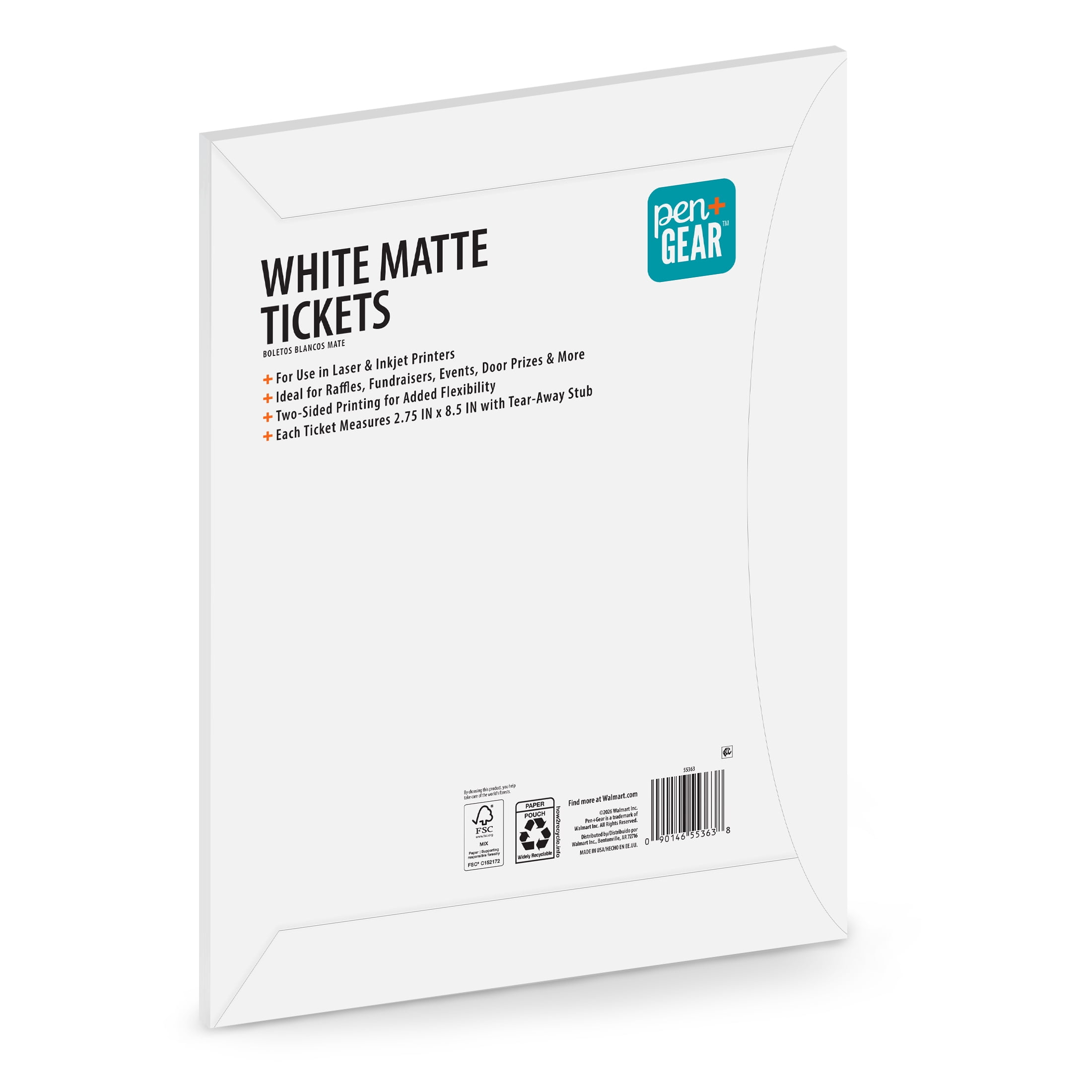 Pen+Gear White Matte Printable Tickets, 2.75" x 8.5", 65 lb, 200 Count
