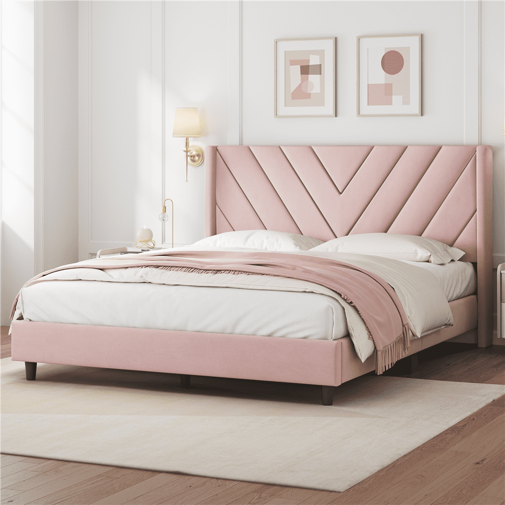 Renwick Queen Size Upholstered Platform Bed Frame with Tufted Headboard, Pink, Adult
