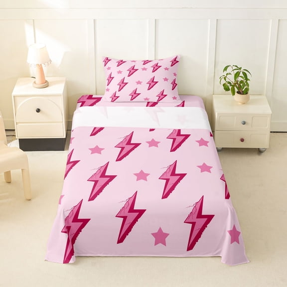 Erosebridal Pink Lightning Twin Sheet Sets for Girls, Glitter Stars Bedding, 1 Flat Sheet, 1 Fitted Sheet and 1 Pillowcase