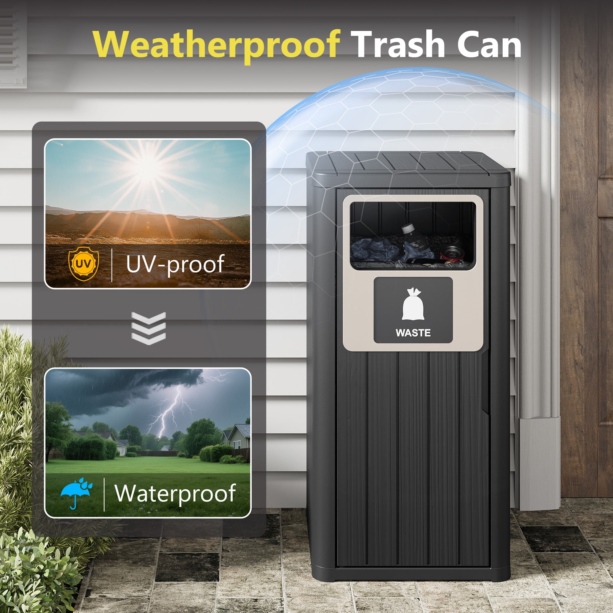 Nihsuao 42 Gallon Resin Trash Can, Durable & Waterproof Outdoor Garbage Bin with Garbage Labels, Weather-Resistant Waste Bin for Indoor Kitchen, Outdoor Porch, Backyard, (Black, 1)