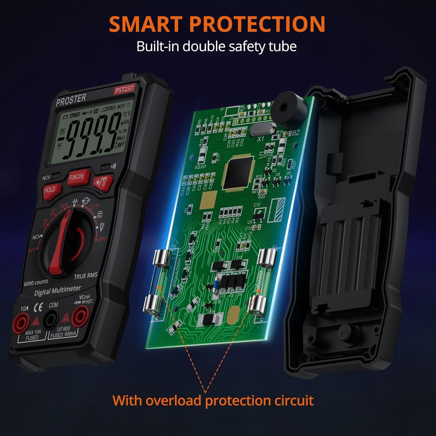 Proster Multimeter TRMS 6000 Counts Auto Manual Range Multimeter Tester with DC/AC Voltage DC/AC Current NCV Detector Temperature Capacitance Resistance Diode Continuity Tester with Cloth Bag