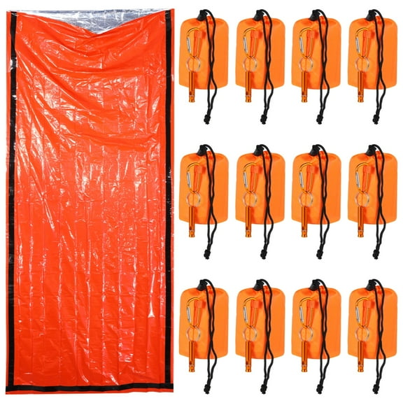 12 Sets Emergency Sleeping Bag with Whistle, Portable Survival Bivvy Sack, Waterproof Survival Blanket with Whistle, Lightweight Survival Bag Emergency Supplies for Outdoor Camping Hiking Climbing
