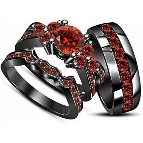 beryl_creation 2.00 Ct Round Cut Red Ruby Wedding Engagement For Men's & Women's Band Trio Ring Set 14K Black Gold Plated 925 Sterling Silver -7.5