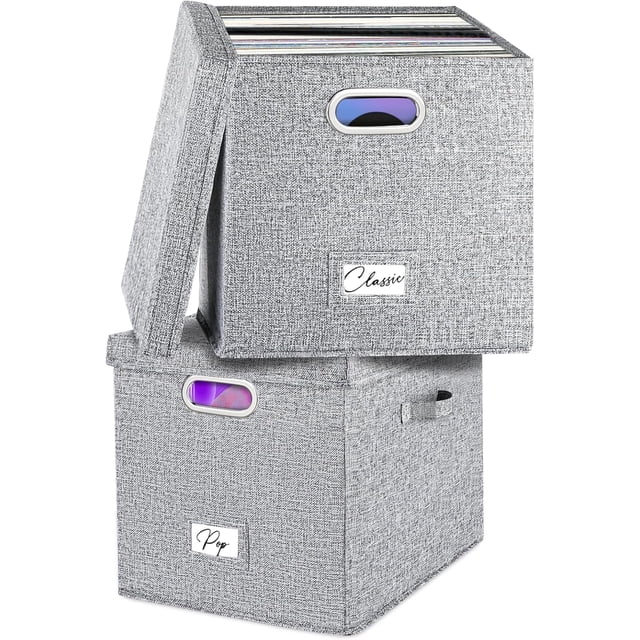 Vinyl Record Storage Box for + Single LPs Stackable Albums Linen Crate with Lid Collapsible Long Play Music Collection Holder Document File Folder Cabinet Organizer with Handle