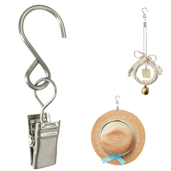 Metal S Hooks with Clips, Stainless Steel S-Shaped Curtain and Light Hooks for Shower or Outdoor Party, Heavy Duty Multi-Purpose Hanging Hooks for Kitchen Garden and Home Decor