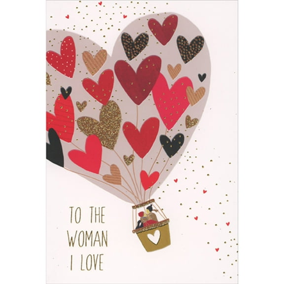 Pictura Couple in Hot Air Balloon Decorated with Gold and Red Hearts Valentine's Day Card for the Woman I Love