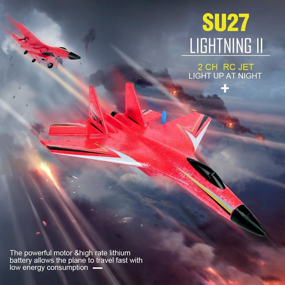 Roofworld RC Airplane SU-27 Red, 2.4GHz 2 Channel, Gyro, Night Lights