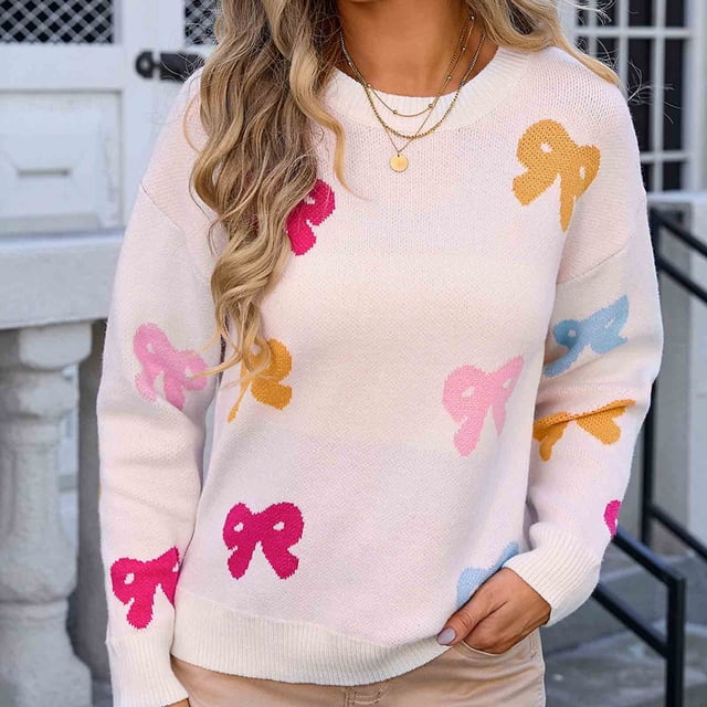 TIMIFIS Chandails d'Automne pour Femmes Manches Longues Col Rond Ample Imprimé Nœud Papillon Tricot