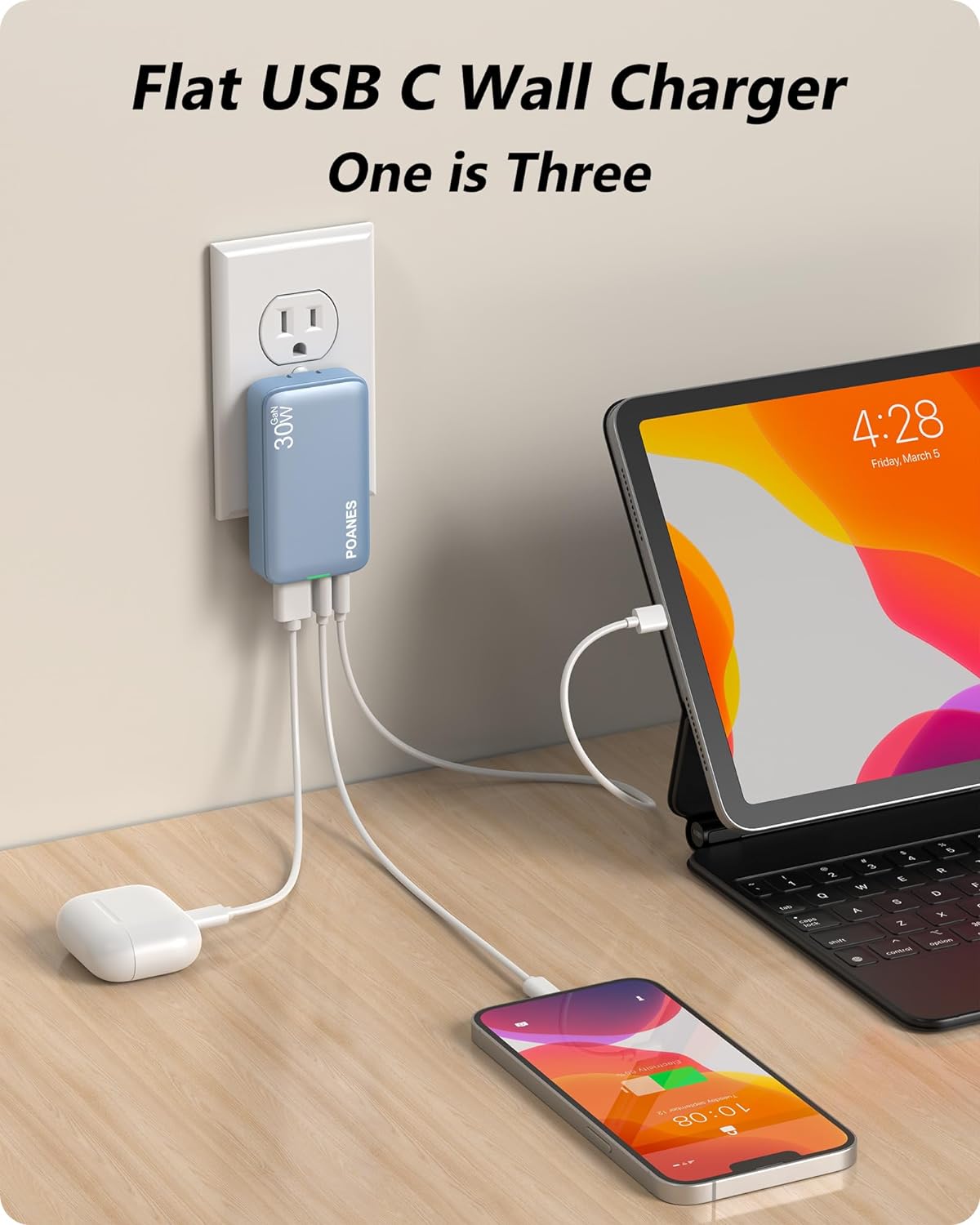 30W USB C Charger, Flat USB Wall Charger with USB C and USB A Ports, Super Thin USB Wall Plug for MacBook Pro/Air/iPad Pro, iPhone 15/14/13/12 and Galaxy S23,S22 etc (Blue-30W)