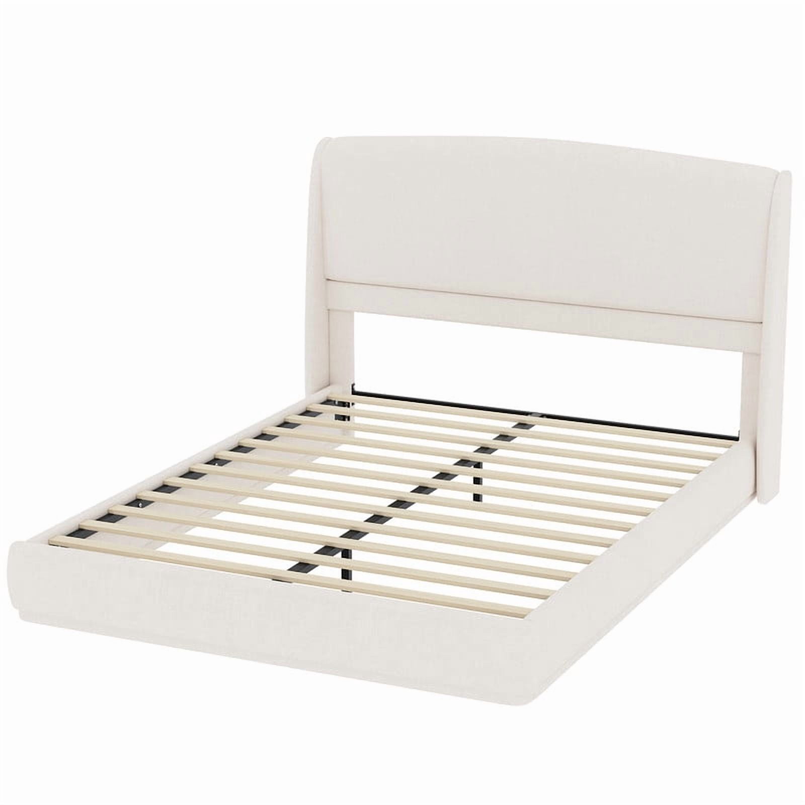 Queen Size Linen Upholstered Bed Frame with Padded High Headboard, Low-Profile Platform Bed with No Box Spring Needed