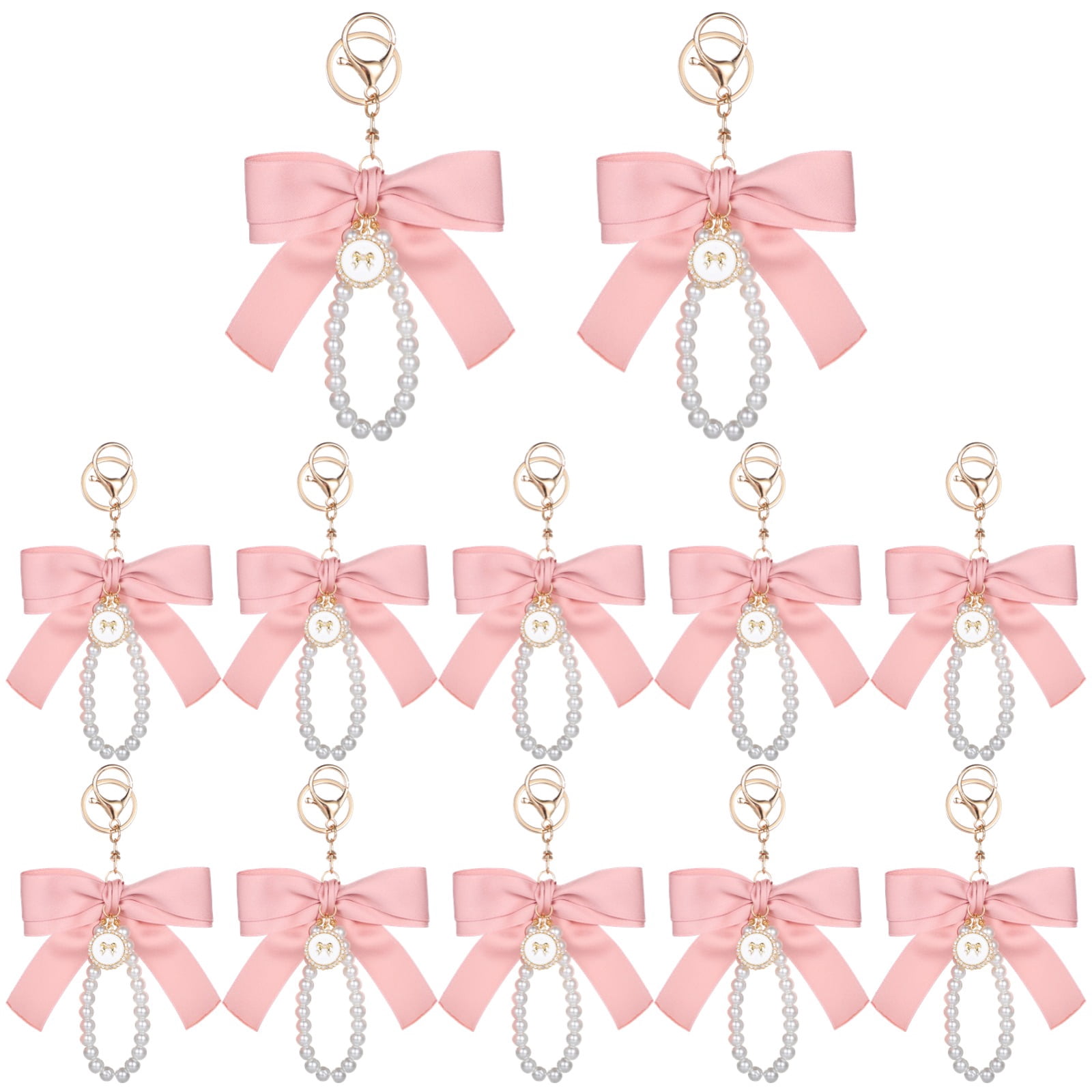 12 PCS Pink Bow Keychains, Coquette Keychains with Pearl Decoration, Cheer Bow Keychains, Pink Fabric Bow Zinc Alloy Keychain Bulk for Bags, Keys, Accessories