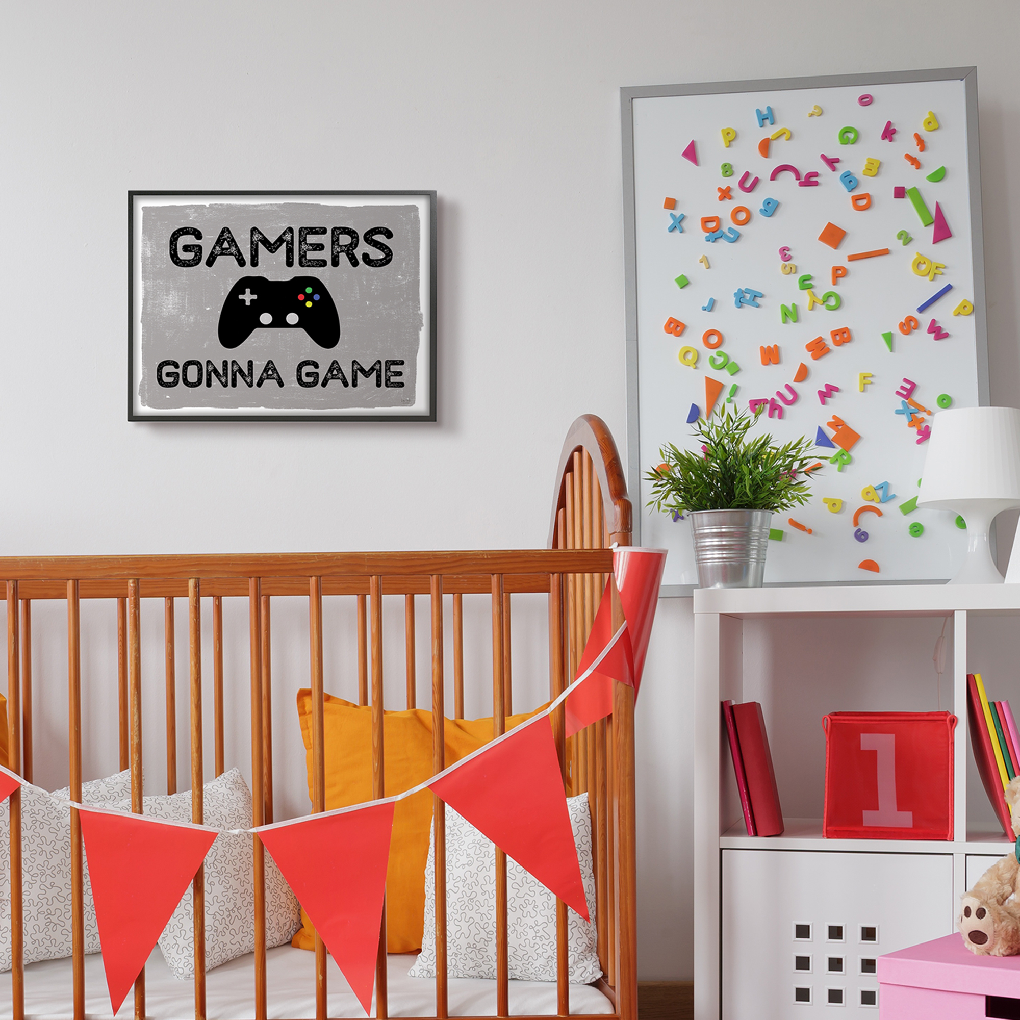 Stupell Industries Gamers Gonna Game Phrase Controller Distressed Pattern Graphic Art Black Framed Art Print Wall Art, 16x20, by Lux + Me Designs