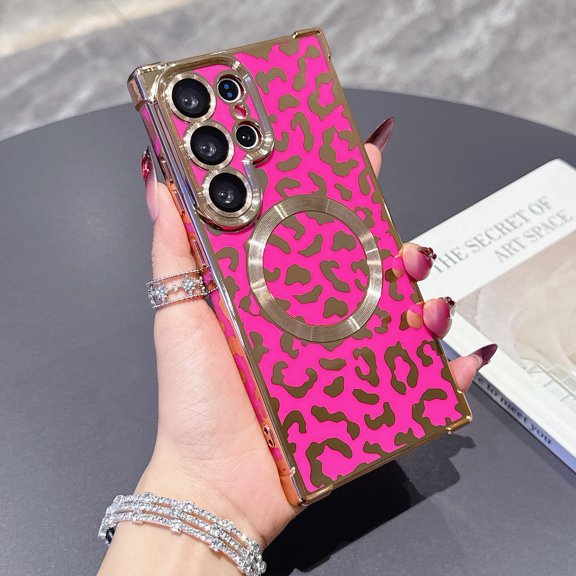 For Samsung Galaxy S26 Ultra Case Magnetic,Soft Cute Luxury Leopard Pattern Plating Glitter Plating Phone Case Compatible with MagSafe Clear Shockproof Back Cover for Women Girl,Rose