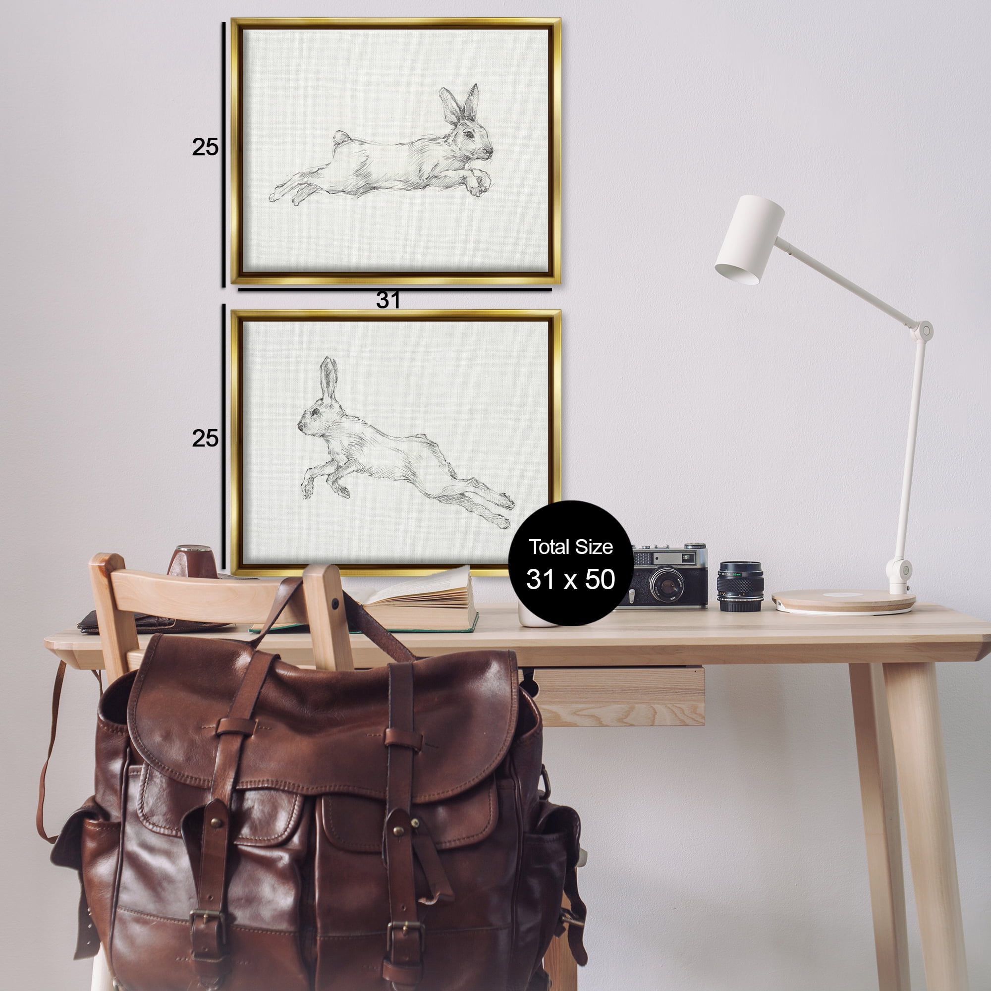 Stupell Industries Pencil Sketch Rabbit Jumping Animals Drawing Gold Floater Framed Canvas Art Print Wall Art, 31 x 25, Set of 2