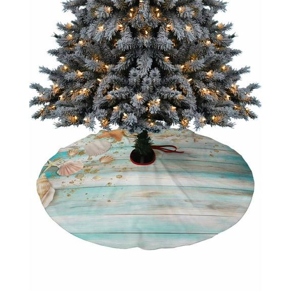Aqua Coastal Christmas Tree Skirt 36 Inches Large Christmas Skirt Tree, Summer Beach Starfish Shell Vintage Wood Tree Skirt Christmas Decorations for Fireplace Party Holidays Indoor Outdoor