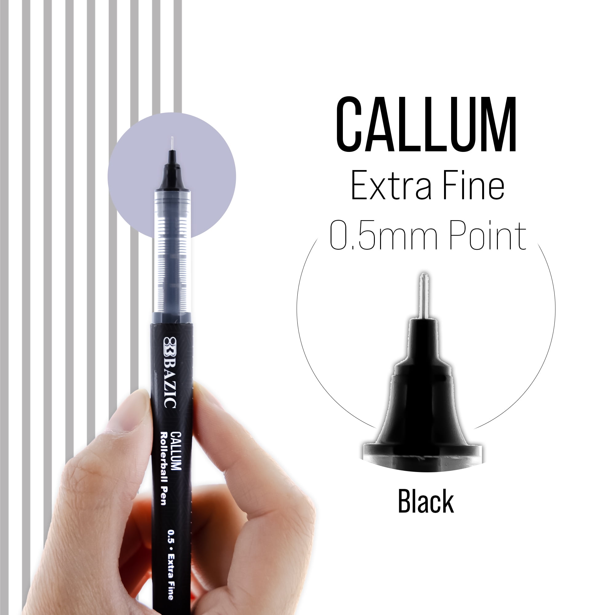 BAZIC Callum 0.5mm Rollerball Pen, Black Ink Needle Tip Fine Point Ink Pens (2/Pack), 24-Packs