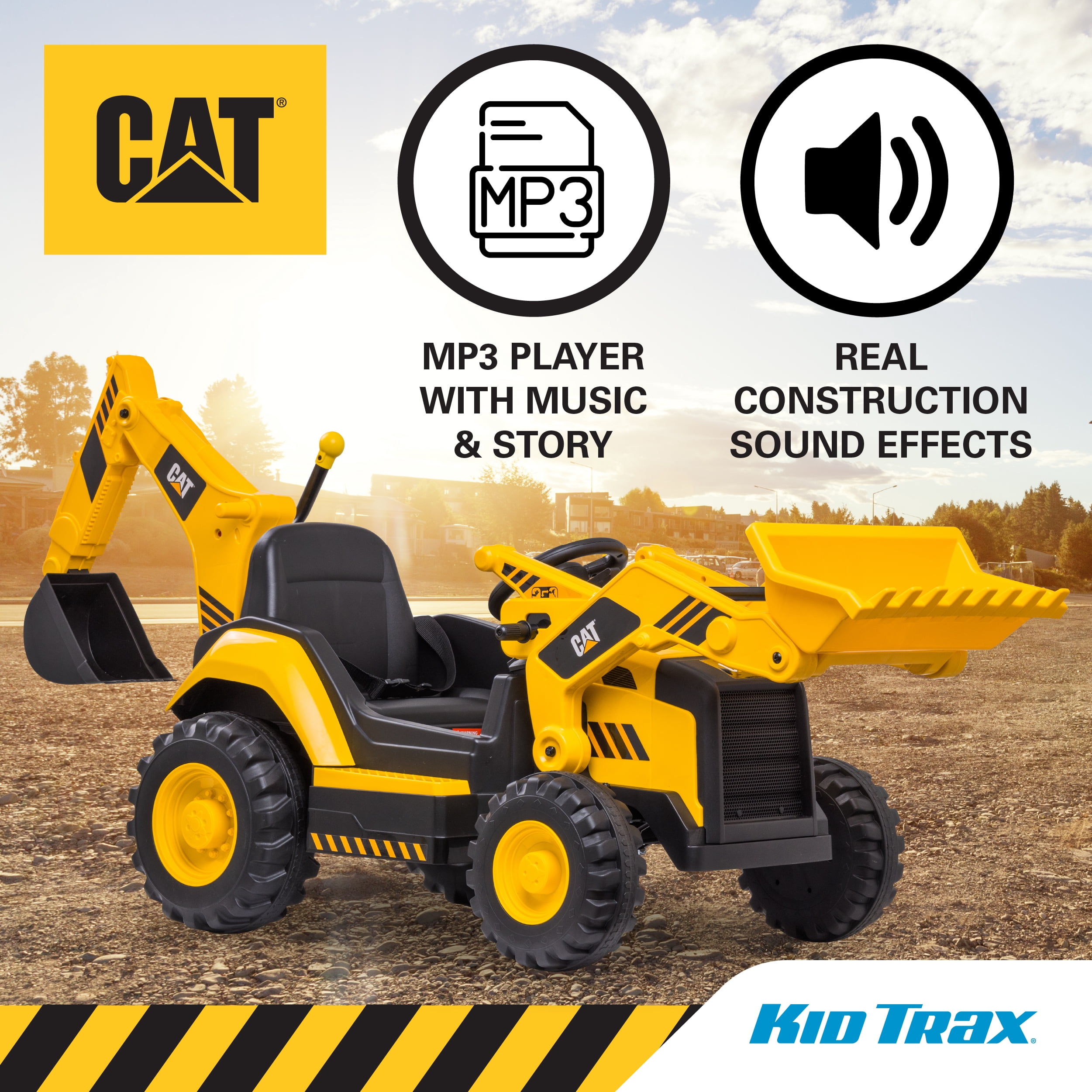 Kid Trax 12V CAT Backhoe Loader Ride-On Excavator with Working Loaders, MP3, Real Sounds, Ages 3–6