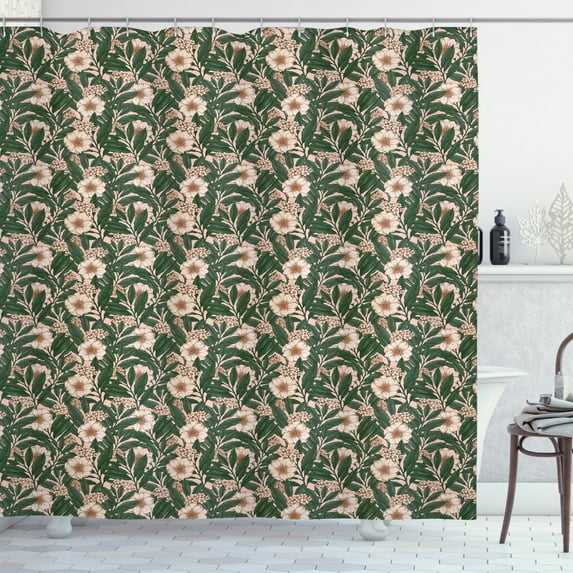 Floral Shower Curtain, Negative Exposure Effect Blossomed Pinkish Anemone Plant Overlapped Lobed Leaves, Fabric Bathroom Set with Hooks, 69W X 84L Inches Extra Long, Multicolor, by Ambesonne