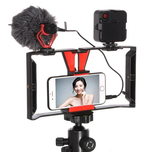 FocusFoto - Soporte para cámara de vídeo para smartphone, mango estabilizador con micrófono de escopeta BOYA by-MM1 + kit de 49 luces LED para teléfono móvil, iPhone, cine, videógrafo profesional