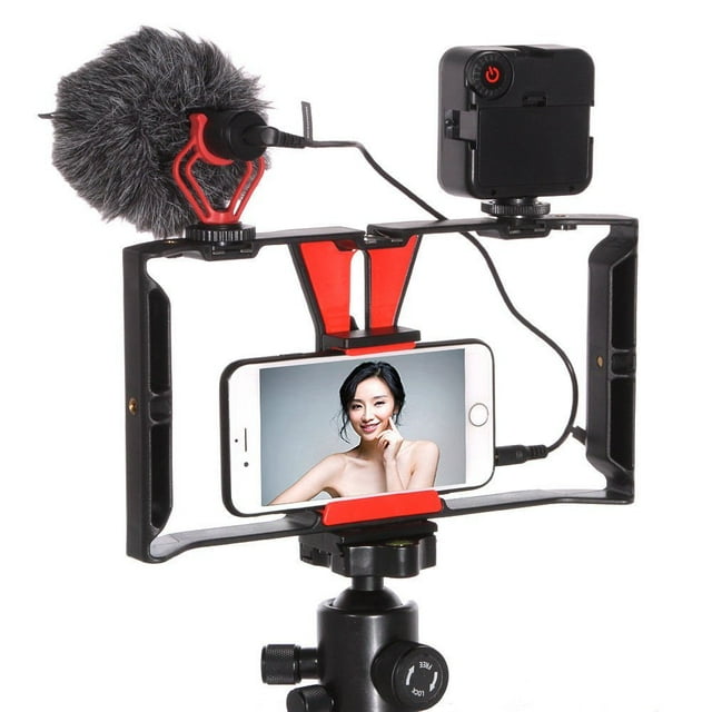 FocusFoto - Soporte para cámara de vídeo para smartphone, mango estabilizador con micrófono de escopeta BOYA by-MM1 + kit de 49 luces LED para teléfono móvil, iPhone, cine, videógrafo profesional