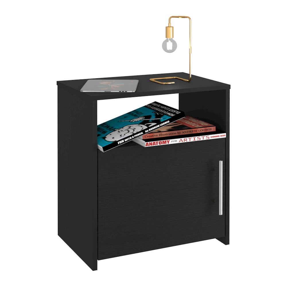 HomeRoots 23 in. Faux Wood Nightstand with Storage, Black