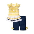 thumbnail image 3 of Conjuntos de blusas y camisas de cuello redondo y manga corta para niños, top con estampado a rayas y cuello redondo con mangas voladoras y pantalones cortos de capa base de color liso, conjunto infor, 3 of 5