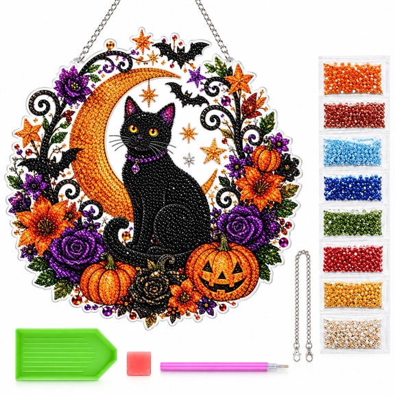 Halloween Black Cat Moon Diamond Art Hanging Ornament Kit, Diy Hanging Pendant Halloween Window Decor, for Cat Lovers, Diy hobbyists