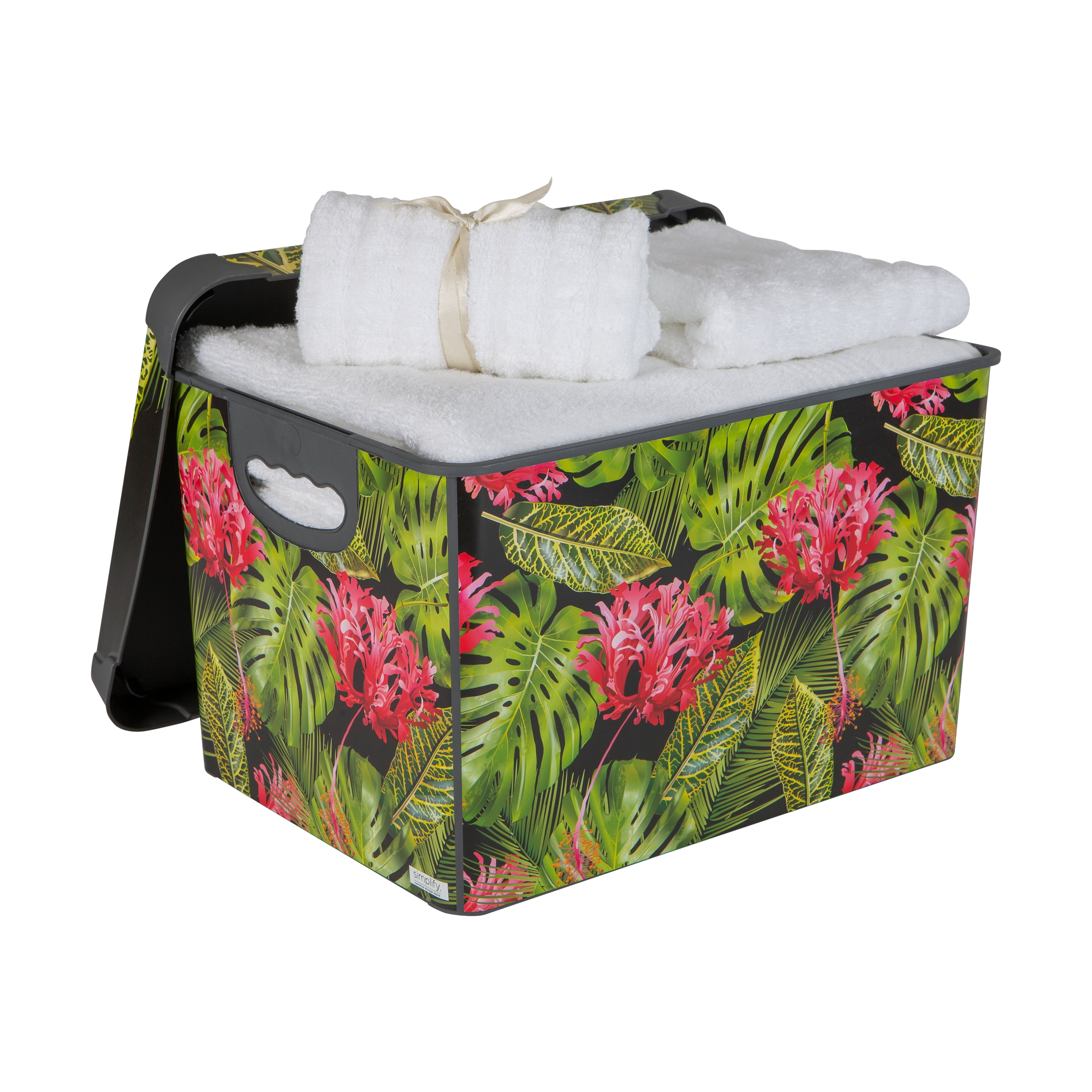 Simplify 2 Pack Tropical Leaf Print Design Plastic Storage Bin, Black