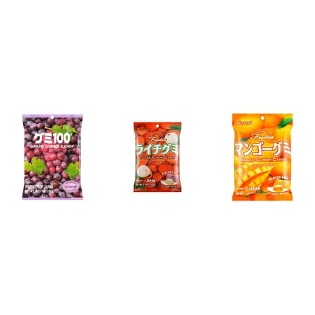 3 Pack Kasugai Gummy Candies, Made in Japan, Gluten Free, Mix 3 Flavor (Grape Frutia,Lychee,Mango) Plus NineChef Brand Long Handle Coffee Spoon
