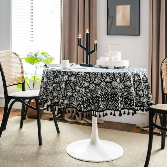 Round Tablecloth 60 Inch,Circle Tablecloth with Black Tassel, Thicken Cotton Dust-Proof Table Cover