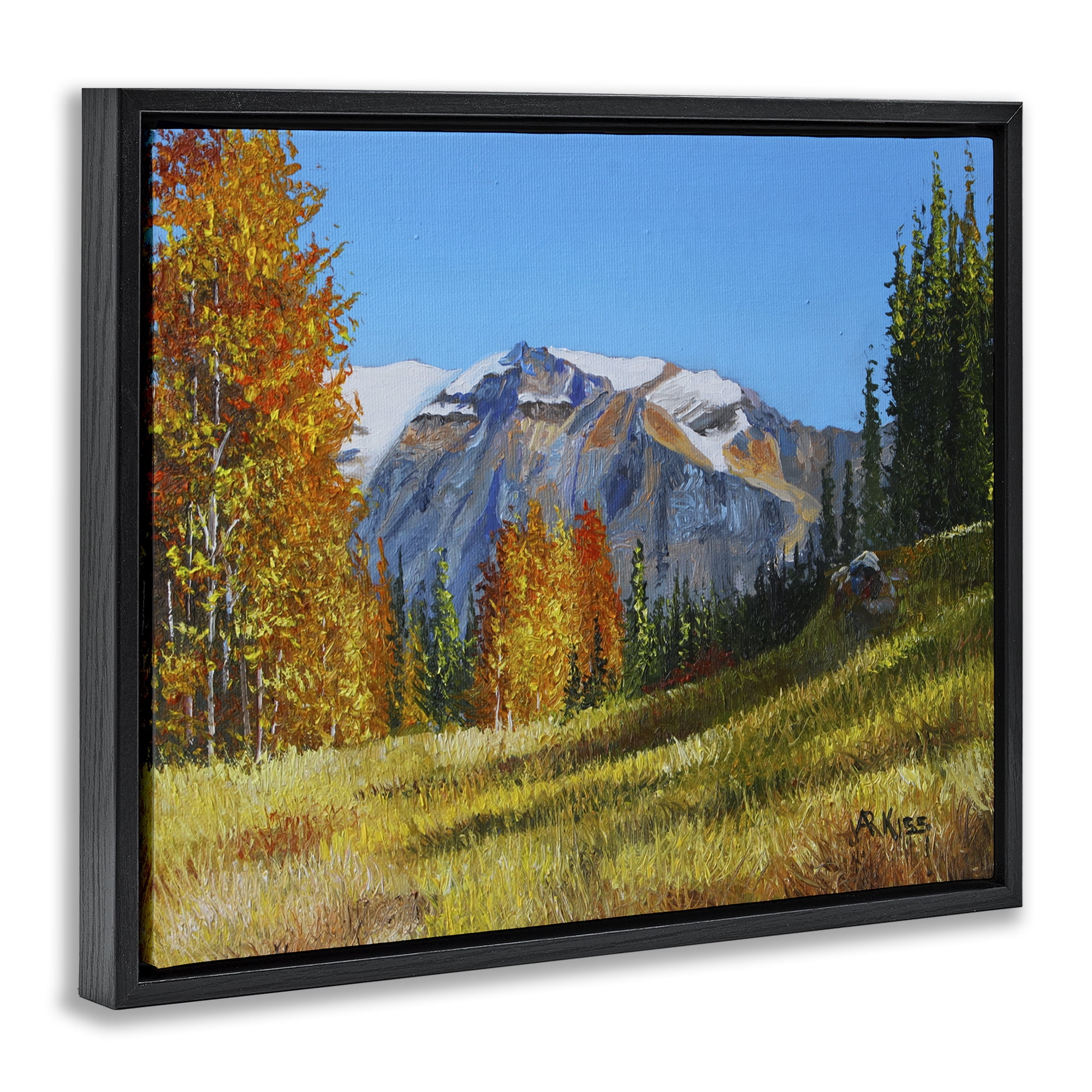 Stupell Industries Autumnal Mountain Valley Landscape & Nature Painting Black Floater Framed Canvas Art Print Wall Art, 21 x 17