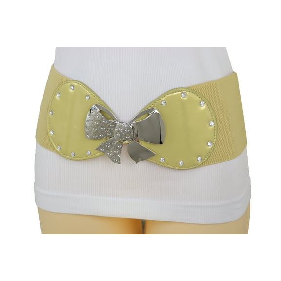 Women Wide Gold Stretch Belt Hip Waist Metal Bow Tie Buckle S M