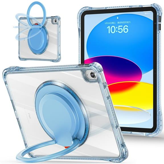 Case for iPad (A16) 11th Gen 2025 Shockproof Rugged Protective Clear Back Case with 360 Degree Rotating Ring Stand/Carry Shoulder Strap Kids Friendly Cover for iPad 10th Gen 10.9 Inch 2022, Lightblue