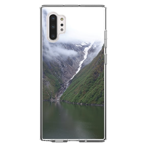 DistinctInk Clear Shockproof Hybrid Case for Galaxy Note 10 PLUS (6.8" Screen) - TPU Bumper, Acrylic Back, Tempered Glass Screen Protector - Tracy Arm Fjord Waterfall