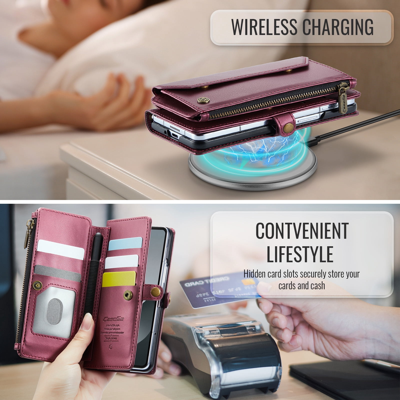 Allytechgroup Crossybody Purse Wallet Case for Samsung Galaxy Z Fold 6, RFID Blocking Zipper Pocket Shoulder Strap Hand Wrist Flip Shockproof Phone Case for Girls Women, Winered