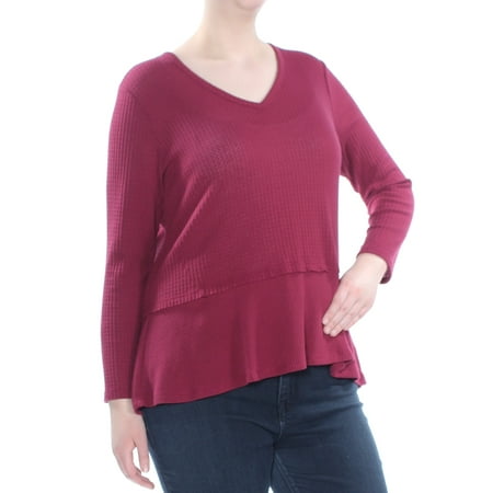 STYLE & COMPANY Womens Burgundy Mixed Media Thermal Long Sleeve Top Petites  Size: