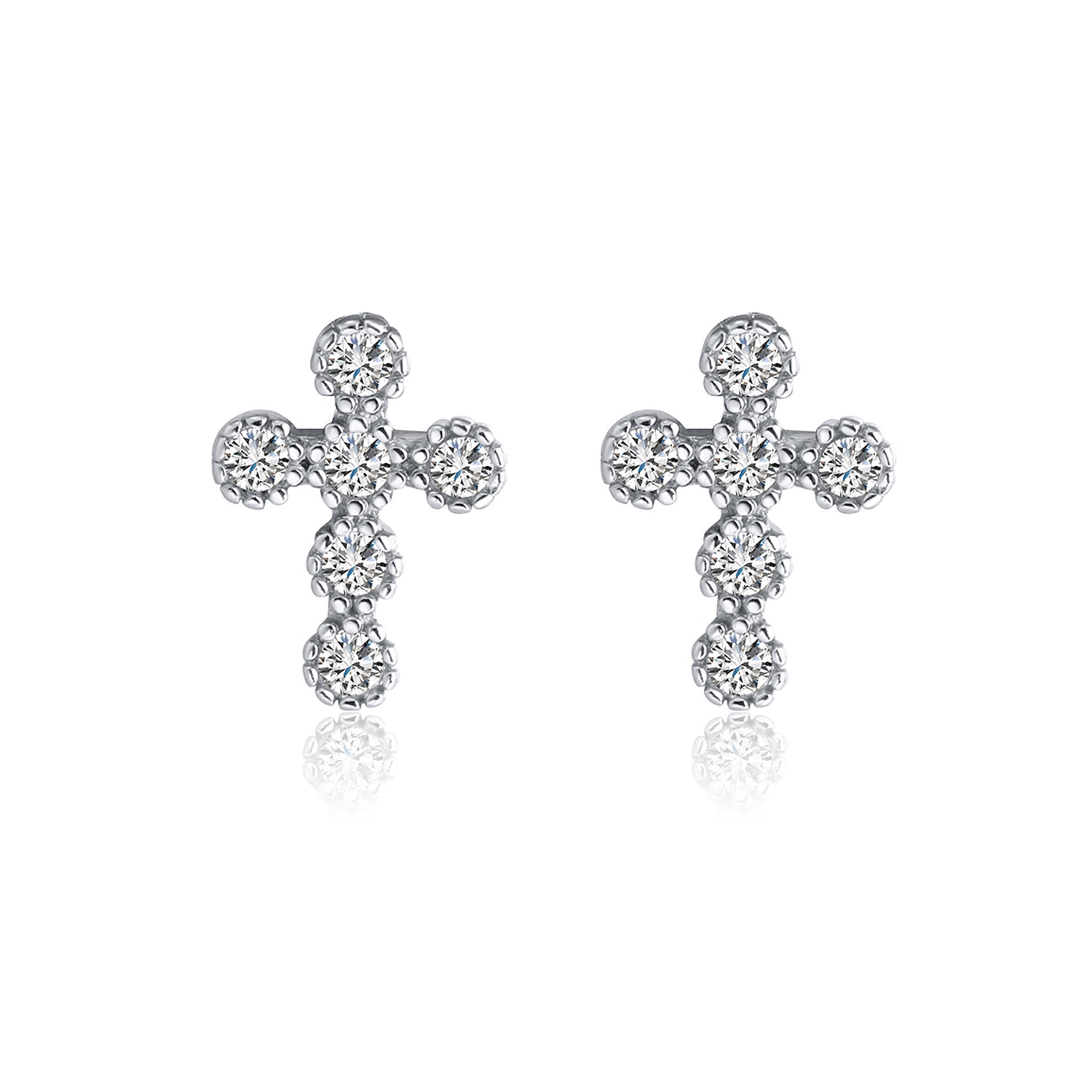 Girl's 925 Sterling Silver Small Cubic Zirconia Cross Stud Earrings 