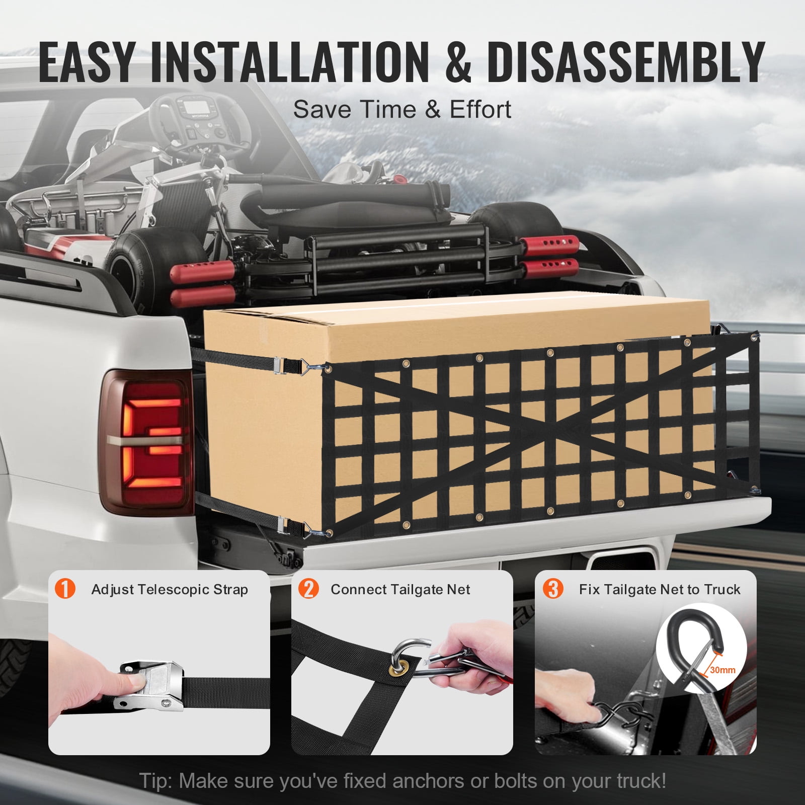 VEVOR Tailgate Net, 54 in x 18 in, Heavy Duty Cargo Net for Truck Bed with 4 Adjustable Telescopic Straps, Cross-reinforced Design, Extendable & Durable, Suitable for Pickup, Truck, Trailer, Jeep,SUV