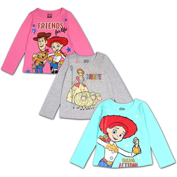 Toy Story Woody, Jessie and Bo Peep Girls 3 Pack Character Long Sleeve Sleeve Tees, 4-6X