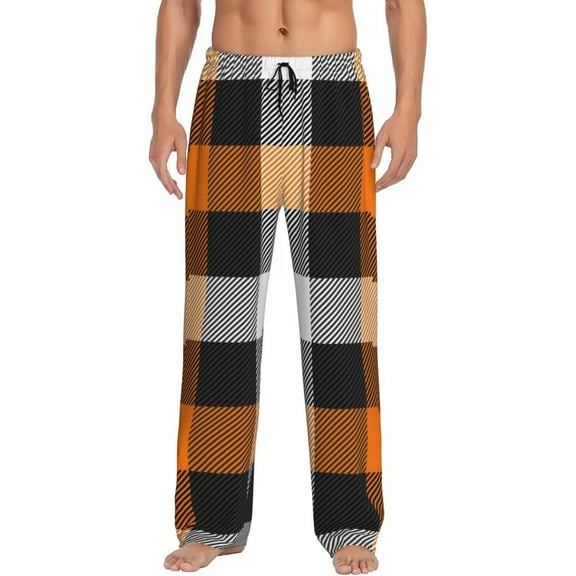 Salouo Orange Plaid Print Pajama Pants for Men, Lounge Pants Elastic Waistband Casual Men's sleepwear Loungewear Sleep Pajama Pant -Medium